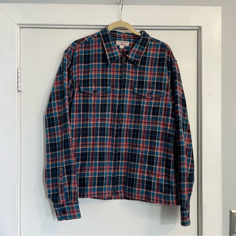 J. Crew Lightweight Blue and Orange Plaid Shirt Jacket work coat men’s large zip